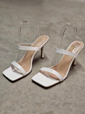 Square Toe White Strappy High Heel Sandals With Double Strap Design For Women